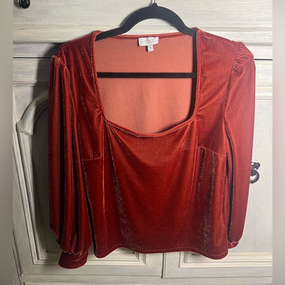 S’Edge Boutique Red Velvet Square Neck Puff Sleeve Blouse Classy Effortless